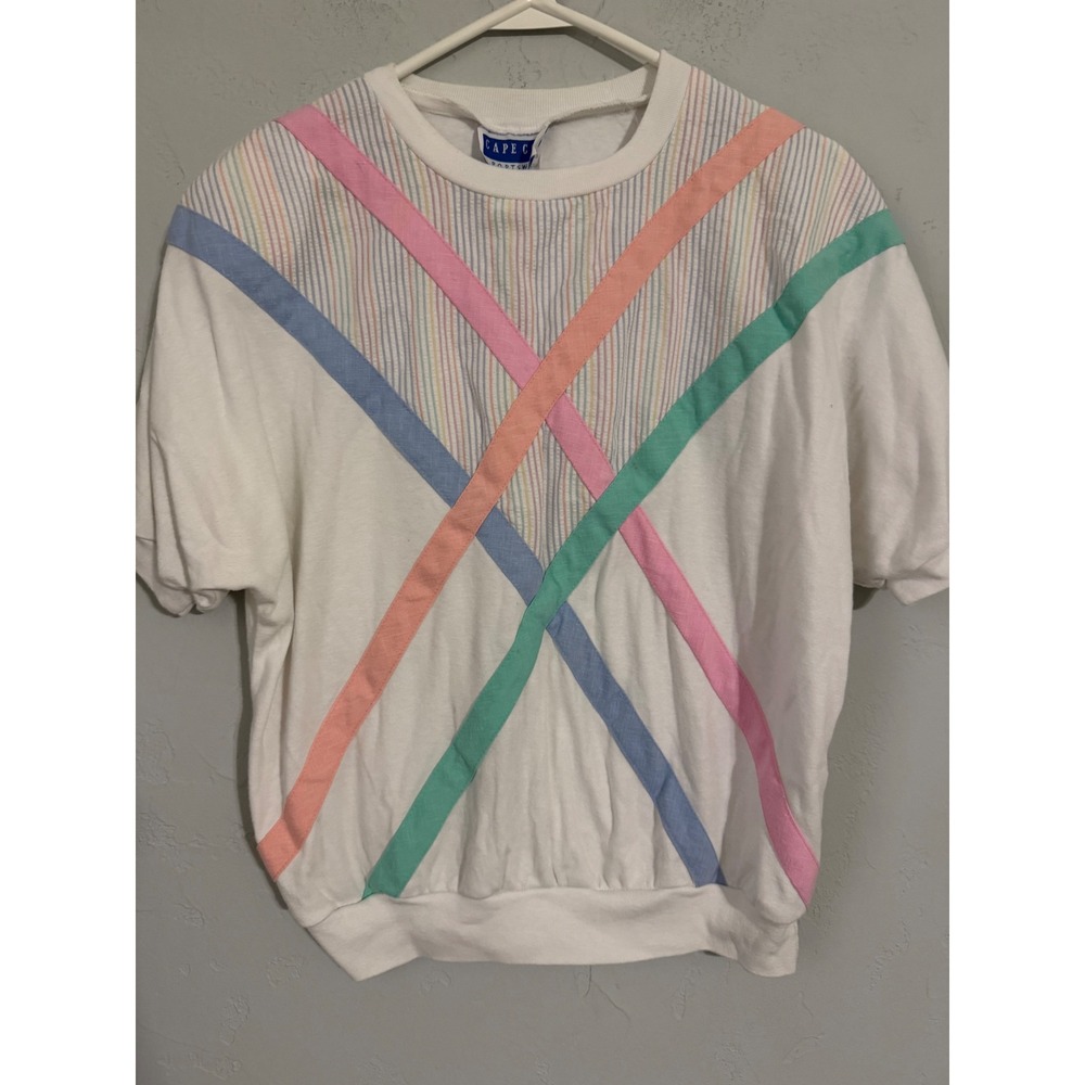 Vintage Cape Cod Sportswear Short Sleeve Pastel Seersucker Sweatshirt Womens M